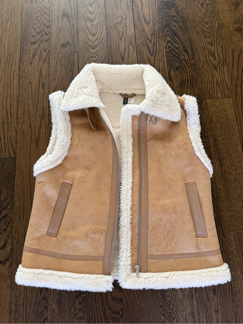 NWOT! H&M Tan Shearling Faux Suede Vest with Cream Sherpa Trim